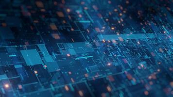 Digital circuit board abstract background, blue lines, glowing orange elements. Represents technology, data, network, AI, big data, cybersecurity, innovation, global connection. Futuristic video