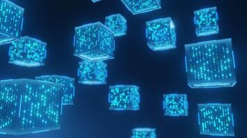 astratto blockchain concetto sfondo. digitale dati cubi con binario codice galleggiante, che rappresentano decentralizzato Rete, criptovaluta, sicuro informazione. moderno tecnologia, ai, grande dati tema. video