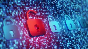 Open red padlock among closed blue locks on binary code background. Represents cybersecurity breach, data vulnerability, hacking, digital threat, information security risk. Abstract tech concept. video