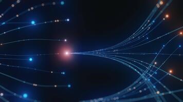 Abstract AI neural network concept. Blue glowing lines, interconnected data, digital particles on dark background. Represents technology, big data, machine learning, global communication, future. video