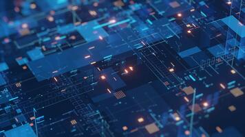 Abstract digital technology background. Glowing blue, orange light, circuit board patterns, data lines. Represents AI, big data, network, innovation, future tech. Ideal for IT, video