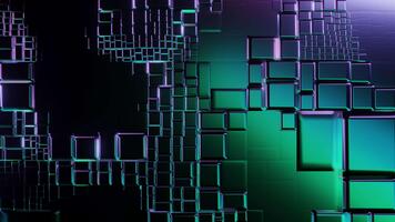 Abstract geometric background, metallic cubes blocks, varying sizes. Dynamic futuristic design, vibrant purple teal gradient. Glowing edges, digital technology concept. Modern, data, network. video