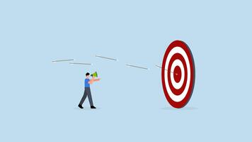 marknadsföring mål strategi - marknadsföring mål strategi, 4k animering entreprenör dirigerar pil till träffa exakt mål bullseye. video
