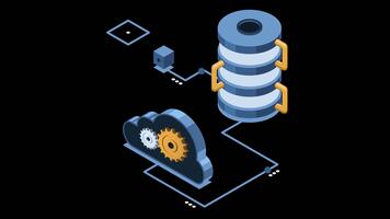 isométrico nuvem base de dados animação. base de dados com nuvem servidor. nuvem armazenar. dados transmissão tecnologia. isométrico tecnologia. transparente fundo com alfa canal. video