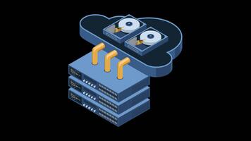 isométrico nuvem Informática animação. isométrico servidor. servidor rede equipamento. computador rede tecnologia. rede hospedagem conceito. isométrico tecnologia. transparente fundo com alfa canal. video