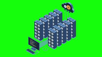 isométrico monitoramento grande dados armazenamento animação. dados transmissão tecnologia. conectados hospedagem tecnologia conceito. isométrico tecnologia. 4k animado dentro isométrico. video