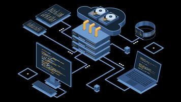 isometrico nube tecnologia calcolo animazione. isometrico Rete con computer, computer portatile, tavoletta, e smartphone. isometrico tecnologia. trasparente sfondo con alfa canale video