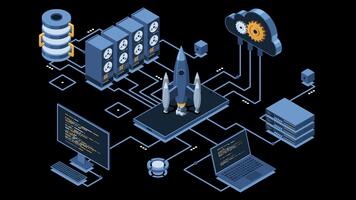 isométrico o negócio comece animação. o negócio comece equipe lançamento foguete com computador e servidor. comece seu projeto. lançamento conceito. transparente fundo com alfa canal video