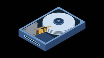 isometrisk hård disk animation. hdd hård disk kör fil hårdvara. lagring enhet. isometrisk teknologi. transparent bakgrund med alfa kanal video
