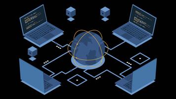 isometrico il computer portatile collegato con globo animazione. globale comunicazione Internet Rete. Conservazione e comunicazione tecnologia. isometrico tecnologia. trasparente sfondo con alfa canale video