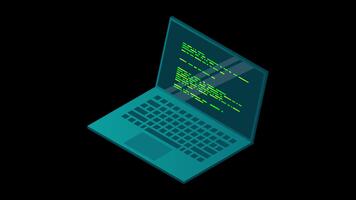 isométrico computador portátil animação. 3d isométrico computador portátil computador. abstrato programação língua e programa código em uma computador portátil tela. isométrico tecnologia. transparente fundo com alfa canal video