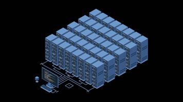 isométrico monitoramento grande dados armazenamento animação. dados transmissão tecnologia. conectados hospedagem tecnologia conceito. isométrico tecnologia. transparente fundo com alfa canal video