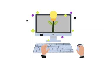 A clean and modern animation showing a pair of hands using a computer as a glowing light bulb grows like a plant on the screen, symbolizing creativity, innovation, and digital ideas. video