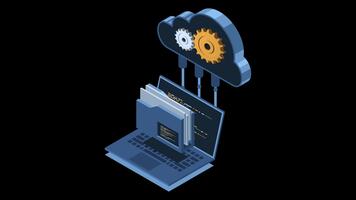 isometrisk moln lagring begrepp med bärbar dator animation. moln teknologi med mapp och bärbar dator. isometrisk dator fil överföra. isometrisk teknologi. transparent bakgrund med alfa kanal video
