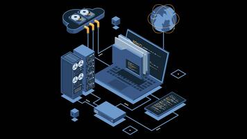 isometrisk moln autentisering systemet med bärbar dator animation. moln teknologi datoranvändning begrepp. moln databas. internet data tjänster. transparent bakgrund med alfa kanal video