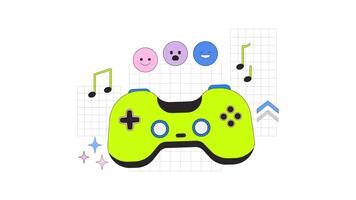 Gaming entertainment 2D onboarding ui animation. Gamepad joy. Gamification. Game controller playing with emojis and music notes animated cartoon flat concept, app intro 4K isolated on white video
