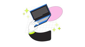 Lavorando in linea 2d onboarding ui animazione. a distanza dipendente. utente interazione. telelavoro tecnologia. mano digitando il computer portatile con scintille animato cartone animato piatto concetto, App intro 4k isolato su bianca video