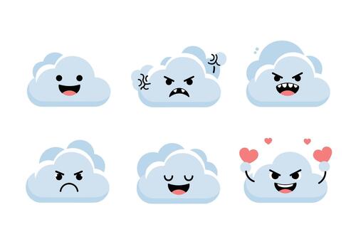 A collection of cartoon cloud characters displays a wide range of emotions and expressions. vector