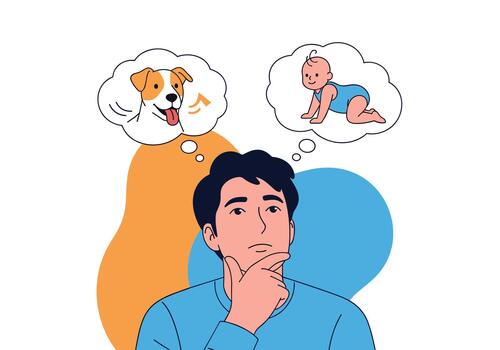 un joven hombre es contemplando un difícil decisión como representado por pregunta marcas en su pensamientos. vector