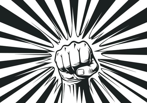 Powerful clenched fist is raised in protest against a dynamic black and white sunburst background. vector