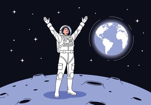 Victorious astronaut in a spacesuit celebrates on the moon's surface with Earth in the background. vector