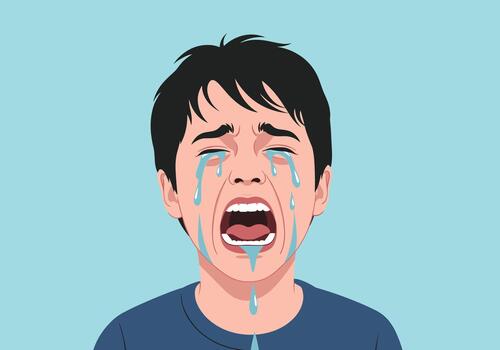 Intense close-up portrait of a young boy crying hysterically with streams of tears and an open mouth. vector