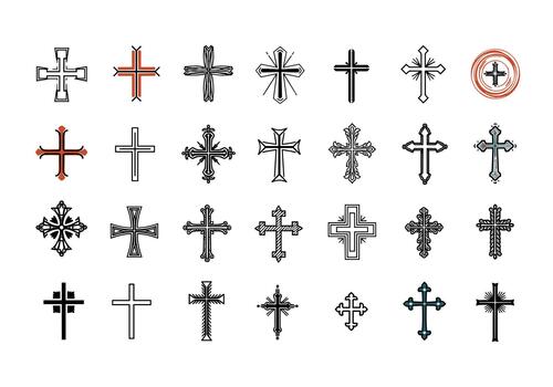 An ornate collection of various historical Christian crosses in a simple line art style. vector