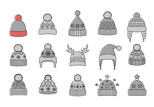 Collection of various cozy and stylish knitted winter beanie hats with different patterns and pom-poms. vector