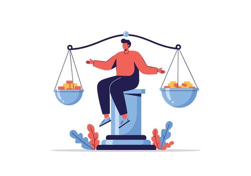 Man sits on a column balancing scales with money and values representing a life-work balance choice. vector