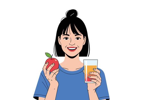 A smiling woman holds a red apple and a glass of juice as part of a healthy diet. vector