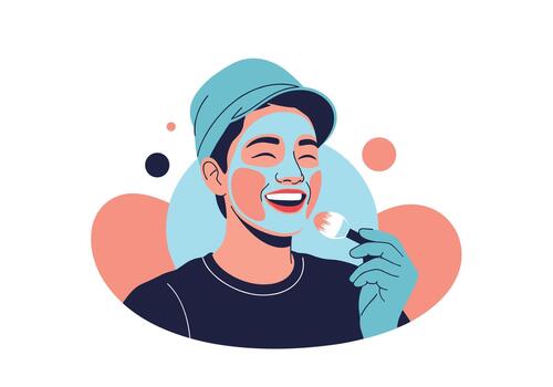 un joven hombre con un claro tez es aplicando un cara máscara para un sano protección de la piel rutina. vector