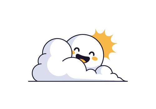 Cute and fluffy white cloud character is lovingly hugging a happy and smiling yellow sun. vector