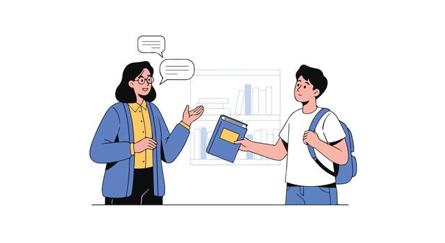 Two students in conversation near a bookshelf, learning and knowledge exchange vector
