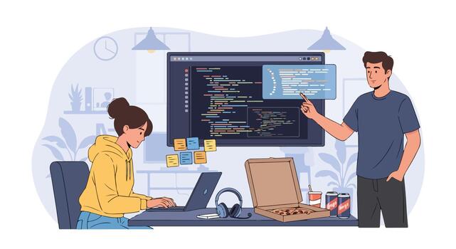 plano 2d ilustración de diverso desarrolladores colaborando en código con Pizza vector