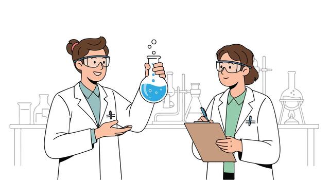 Scientists in Laboratory Conducting Experiments and Research with Flasks and Notes vector