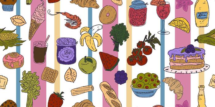 a colorful pattern with food items on it vector