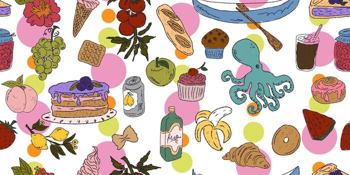 a pattern with various... food items on it vector