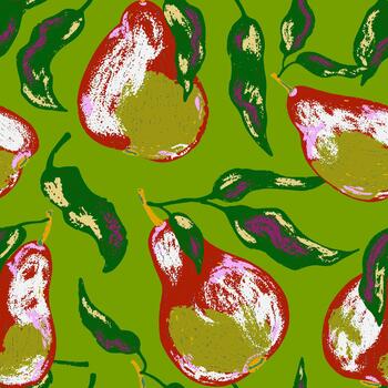 a pattern with. pears and leaves on a green background vector