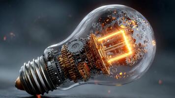 dynamisk mekanisk glödlampa med lysande kärna symboliserar innovation och komplex idéer i rörelse video