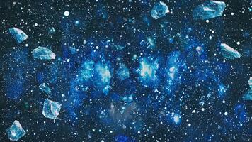 dynamisk kosmisk nebulosa med flytande is asteroider och skimrande stjärndamm, omfattande utforskning video