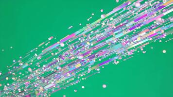Dynamic abstract particles stream across vibrant green background with shimmering iridescent effects video