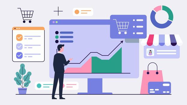 Symbolic E-Commerce Manager Monitoring Online Store Dashboard vector
