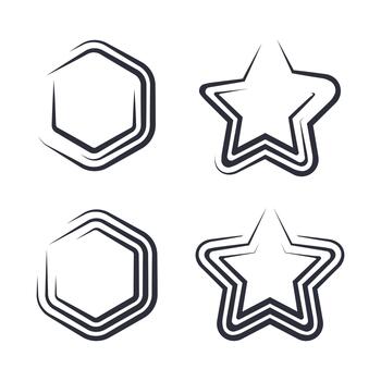 Abstract Handdrawn sketchy two hexagons and two stars geometric shapes set, grunge style, dynamic and modern design with three stroke lines. vector