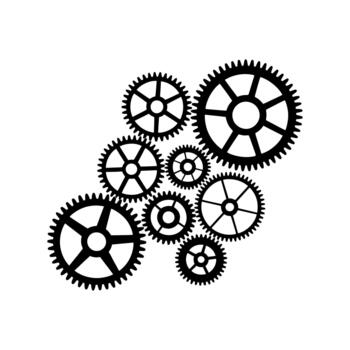 Black interlocking gears of various sizes on a white background machinery mechanical vector