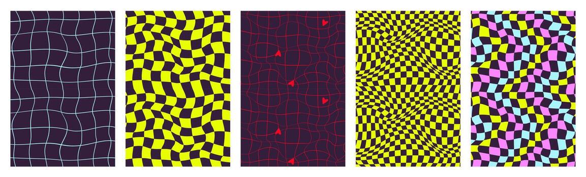 un conjunto de y2k psicodélico ondulado ácido antecedentes. surrealista resumen a cuadros patrones. antecedentes en el de moda estilo de años 90 vector
