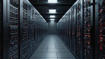 dinámica servidor habitación con filas de brillante computadora hardware y enfriamiento aficionados creando un futurista datos centrar ambiente video