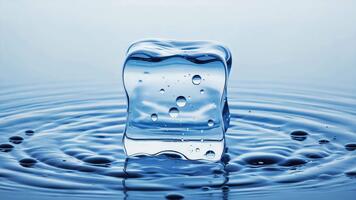 Crystal clear ice cube melting into rippling water creating refreshing, cool, and pure liquid refreshment video