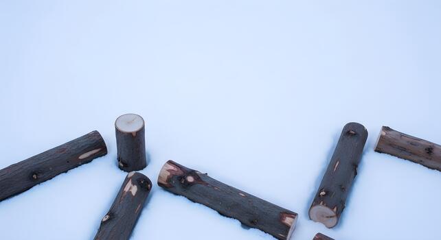 Wooden Logs on Fresh Snow Background with Copy Space photo