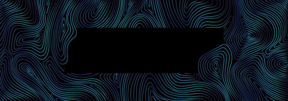 Luxury wavy linear banner. Shiny blue waves on black background. Swirl pattern. Template with gradient lines. Decorative stormy sea, ocean. Curved lines. Water texture. Flowing liquid vector
