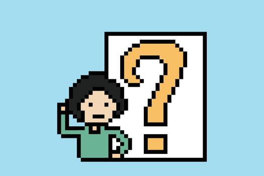 Pixel art of student boy question mark quiz questionaire design minimal art. vector